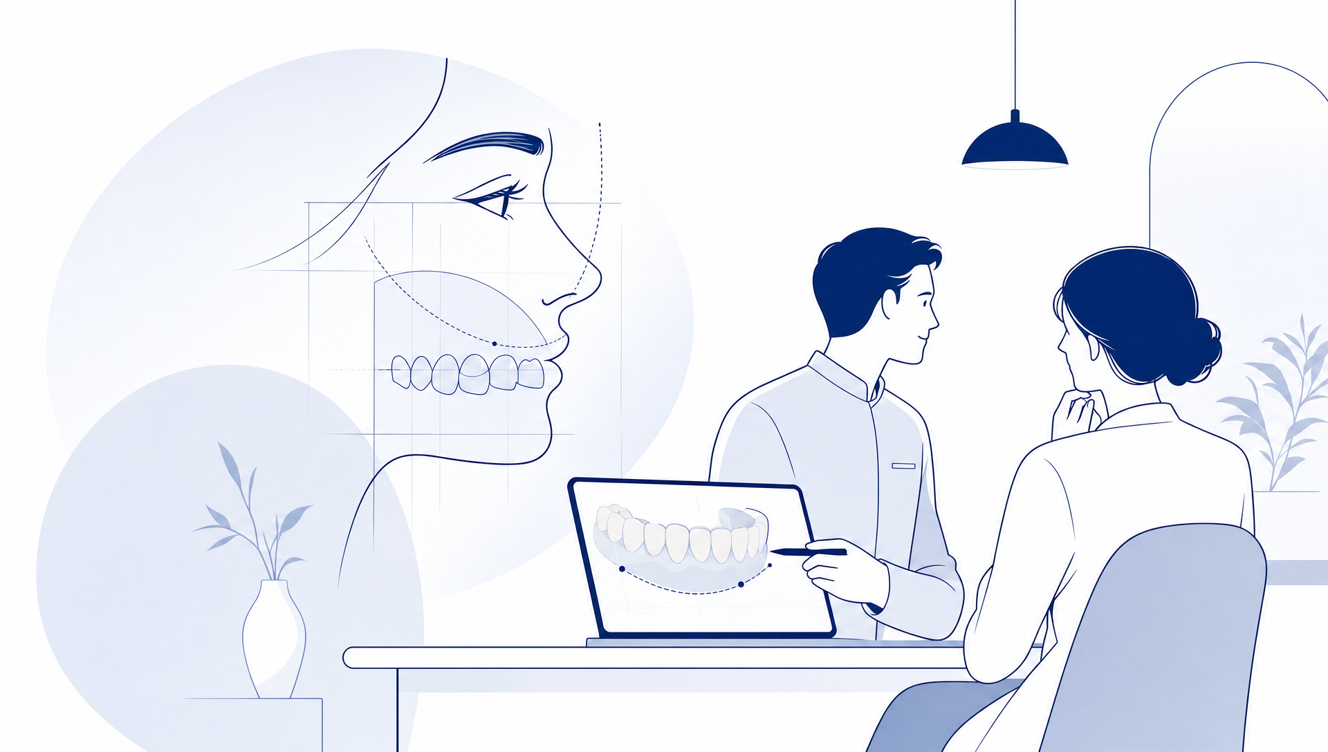 A close-up of a natural-looking smile being assessed by a dentist, with shade guides and dental models on a clean consultation table nearby.