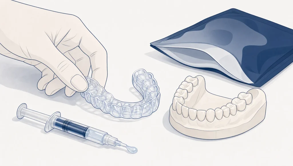 A custom whitening tray, gel syringe and dental arch show a take-home teeth whitening option.