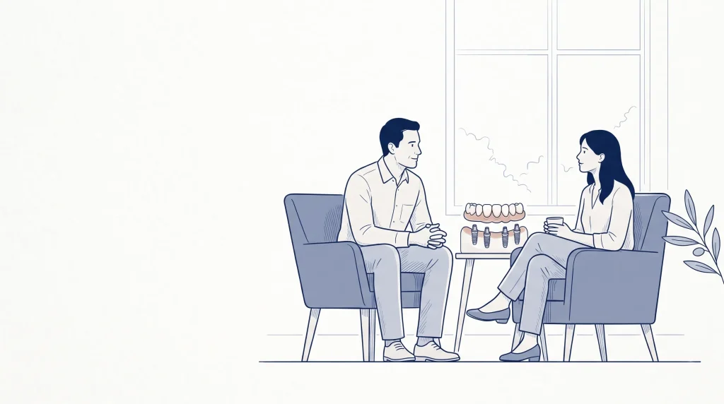 A dentist and patient discuss All-on-4 beside a small implant bridge model in a quiet consultation room.