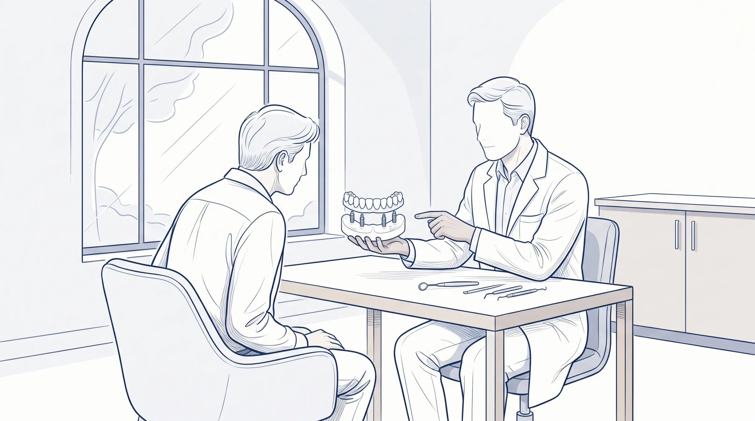 A dentist and patient review a full-arch implant model with four posts during an All-on-4 consultation.