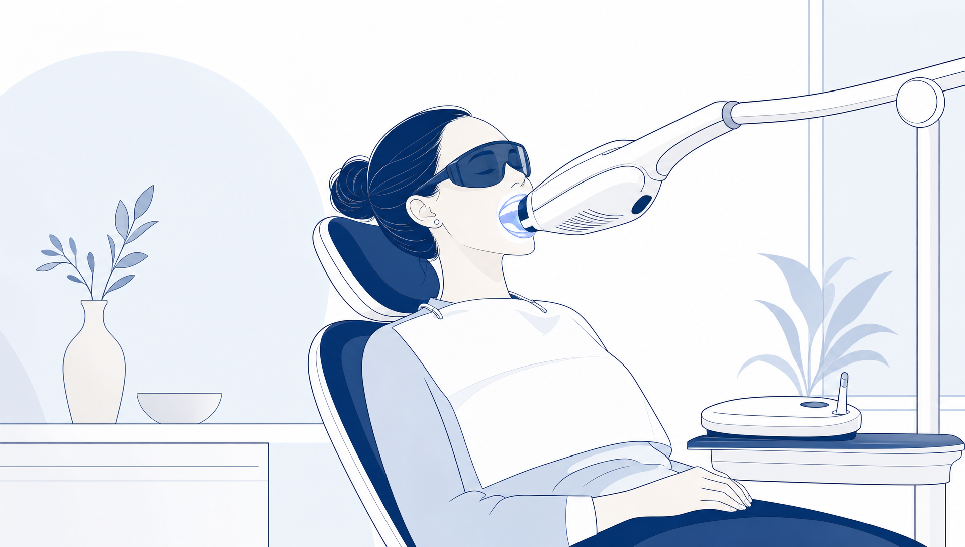 A dentist and patient review a natural tooth arch and custom whitening tray during a Melbourne consultation.