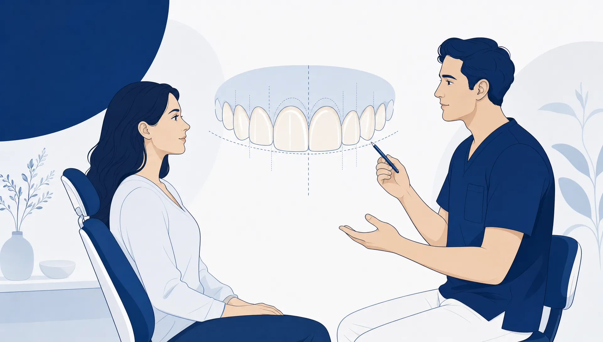 A premium editorial vector illustration showing a calm adult patient and dentist in consultation, with a simplified dental arch and subtle alignment guides between them, conveying considered cosmetic treatment planning with generous negative space and no text or logos. Style block: flat/semi-flat editorial vector, fine navy linework, restrained white and pale blue-grey palette with warm porcelain accents, minimal shadows, clean anatomical simplification, avoid glossy rendering, busy clinic details, exaggerated smiles, or any text/logo elements.