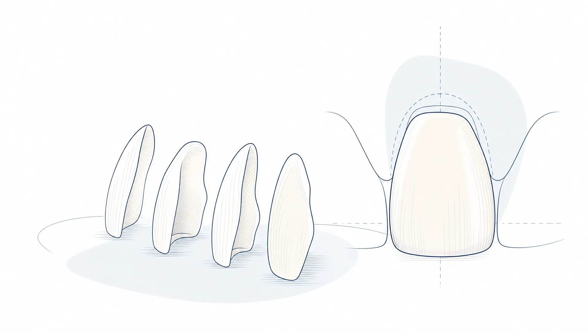 A refined landscape editorial vector illustration showing several thin natural ivory porcelain veneer shells arranged beside a simplified front tooth, with fine navy linework, pale blue-grey planning shapes and generous white space.