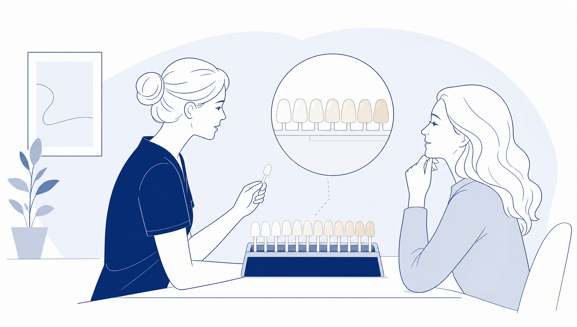 An adult patient and dentist calmly reviewing a tooth shade guide beside simplified dental forms in a clean consultation setting with generous white space.