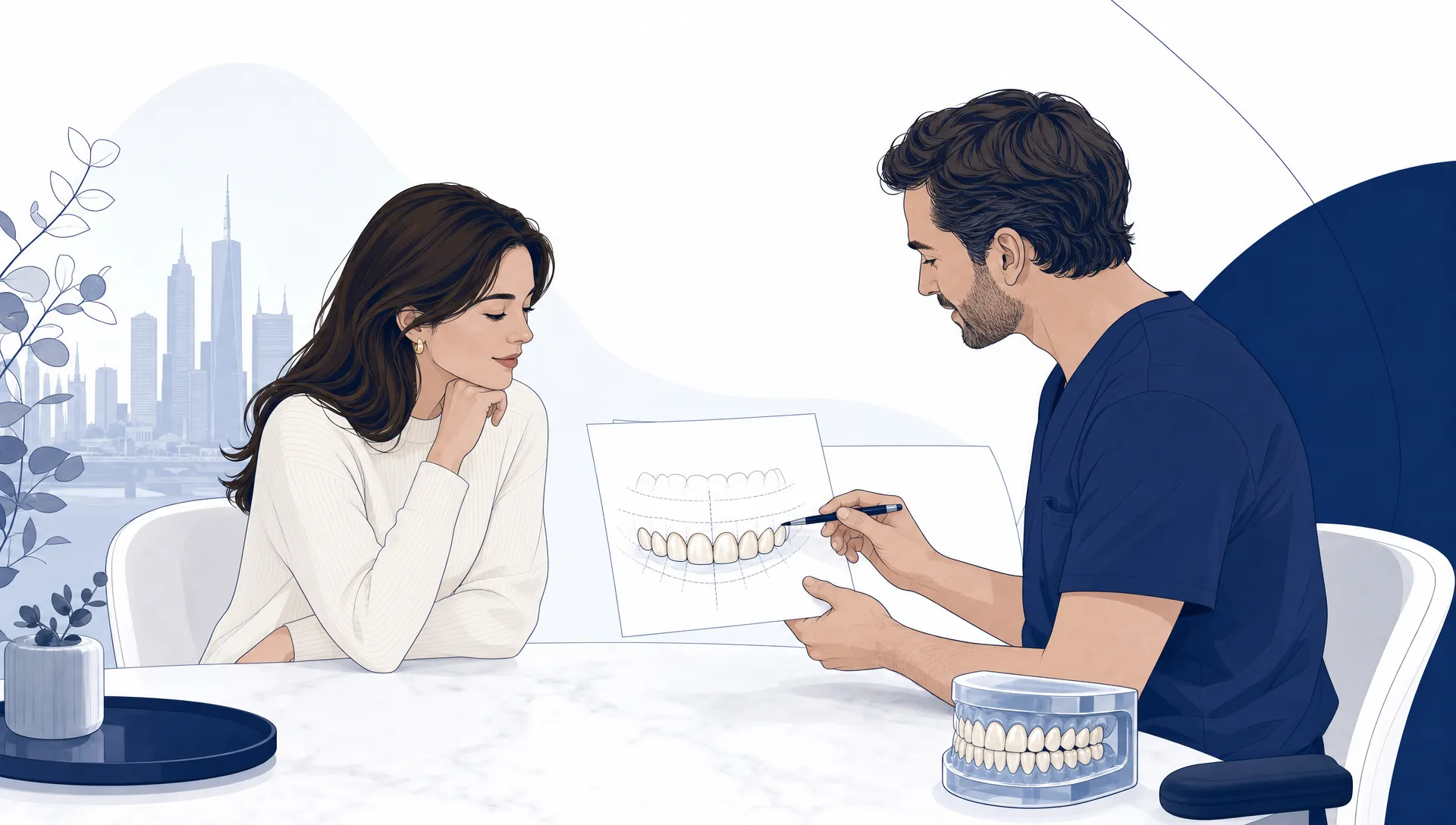 Premium editorial vector illustration of a cosmetic dentist consultation in Melbourne, showing a calm adult patient and dental professional reviewing a simplified dental arch and subtle planning lines on paper, with a predominantly white background, fine Creative Smiles navy linework, pale blue-grey shapes, warm porcelain tooth forms, generous negative space, balanced asymmetrical composition, no text, no logos and no interface elements.