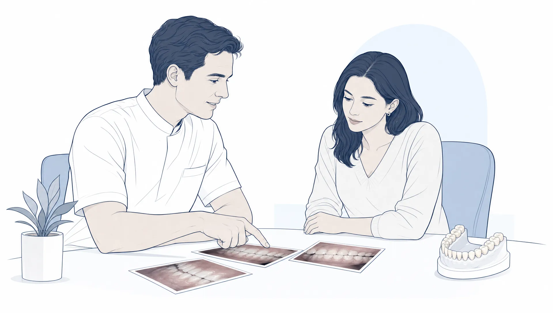 Premium editorial vector illustration showing a calm dentist and adult patient reviewing unlabelled dental photo prints beside a simplified dental arch, with fine navy linework, generous white space, subtle pale blue planning shapes, natural ivory teeth and no text or logos.