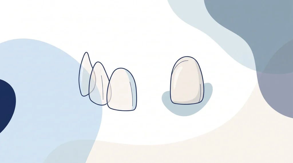 Three veneer shells sit beside a natural front tooth in a spacious veneer planning illustration.