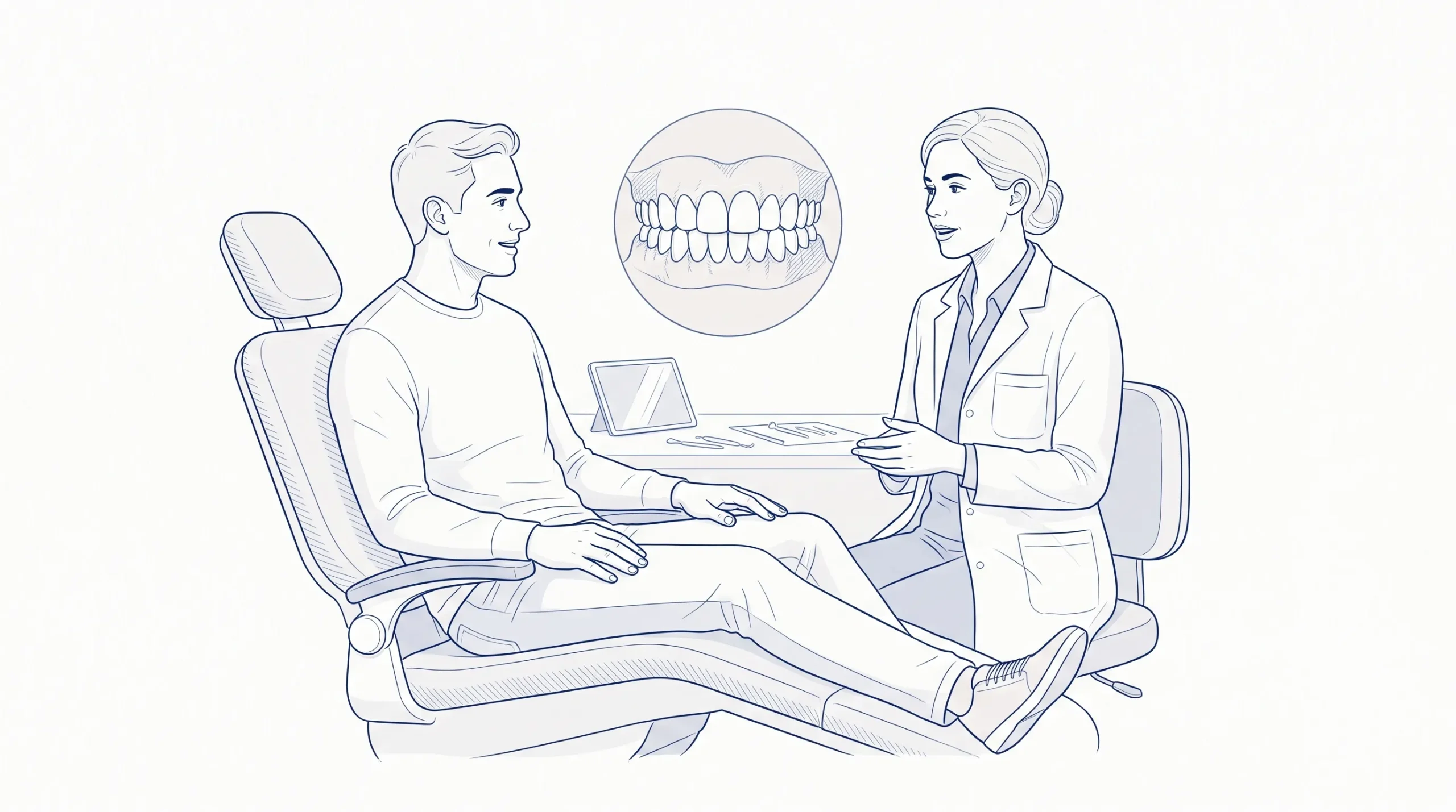 A calm cosmetic dentistry consultation shows a dentist speaking with an adult patient beside a dental chair, with a small circular inset of natural teeth.