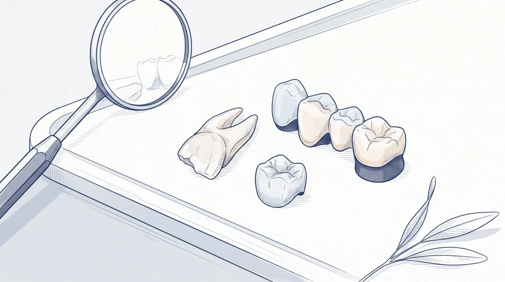 A chipped front tooth sits beside a crown and bridge segment, showing dental solutions for worn or missing teeth.