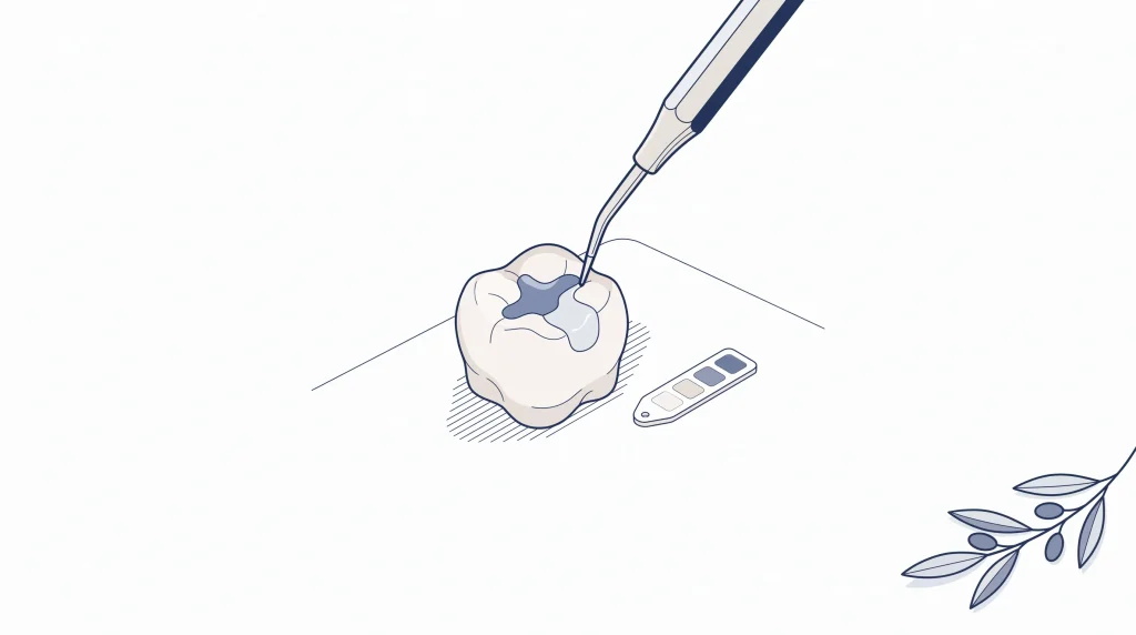 A composite resin filling being shaped beside a tooth section and a small shade sample, showing the material used in cosmetic and restorative dentistry.
