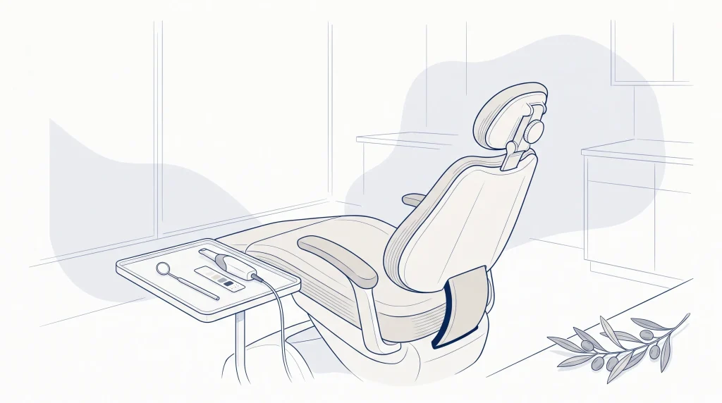 A dental chair and assessment tools are set up for a veneers appointment in a quiet clinic room.