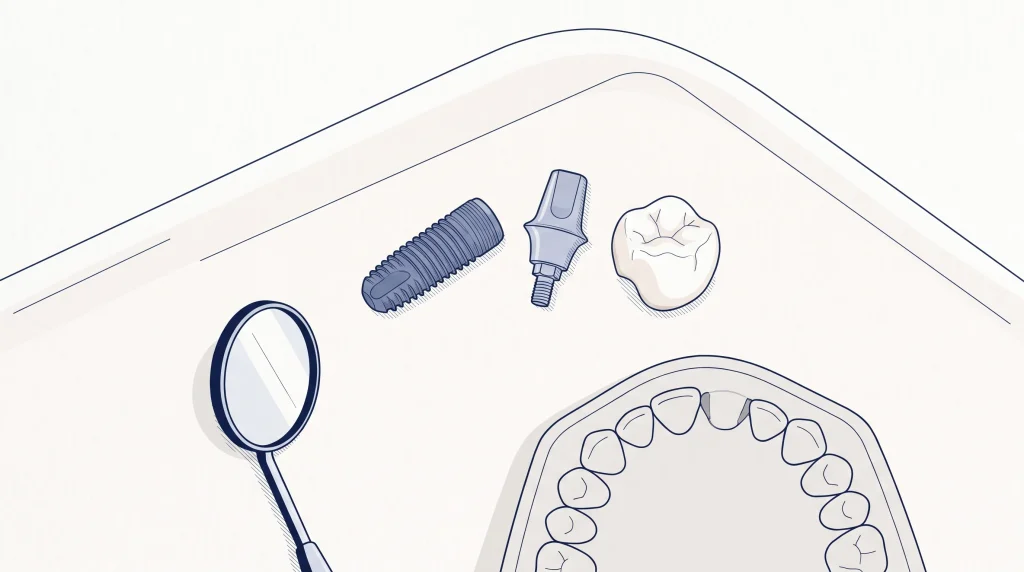 A dental implant fixture, abutment and crown arranged on a clinic bench for planning.
