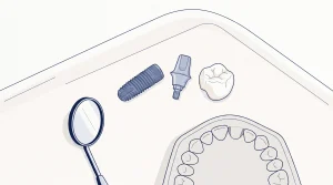 A dental implant fixture, abutment and crown arranged on a clinic bench for planning.