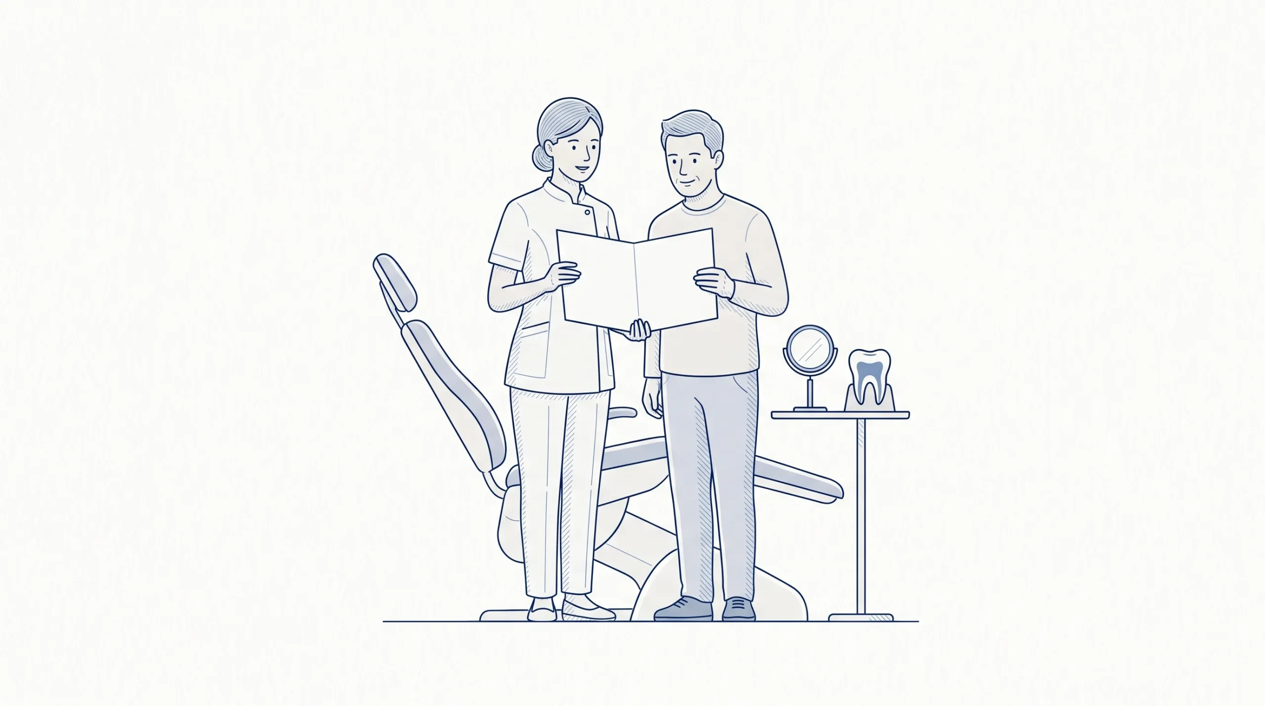 A dental professional and patient review a blank treatment document beside a chair with a mirror and tooth model.