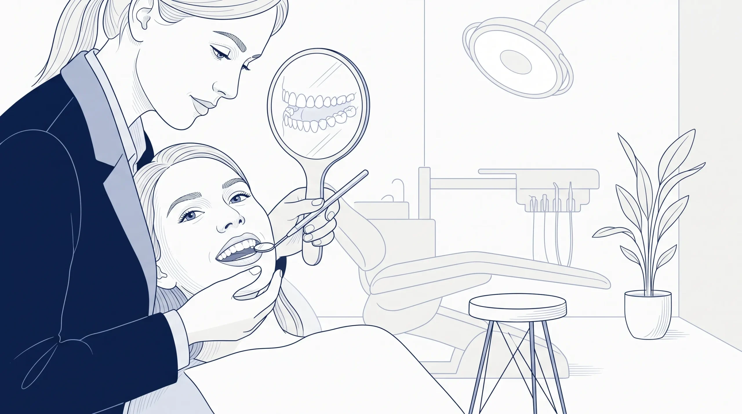 A dental professional gently checks a patient’s teeth and bite with a mirror during a consultation.
