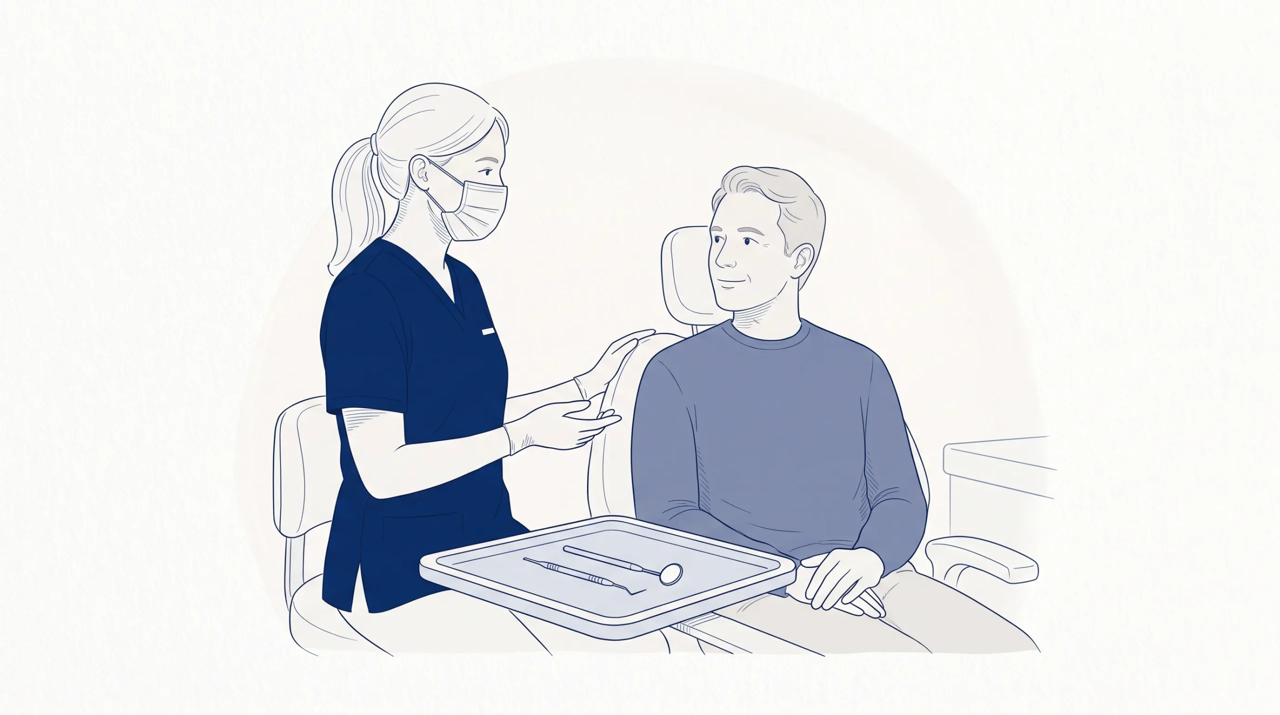 A dental professional in clinical attire talks with an adult patient beside a tray with a mirror during a cosmetic dentistry free consultation.