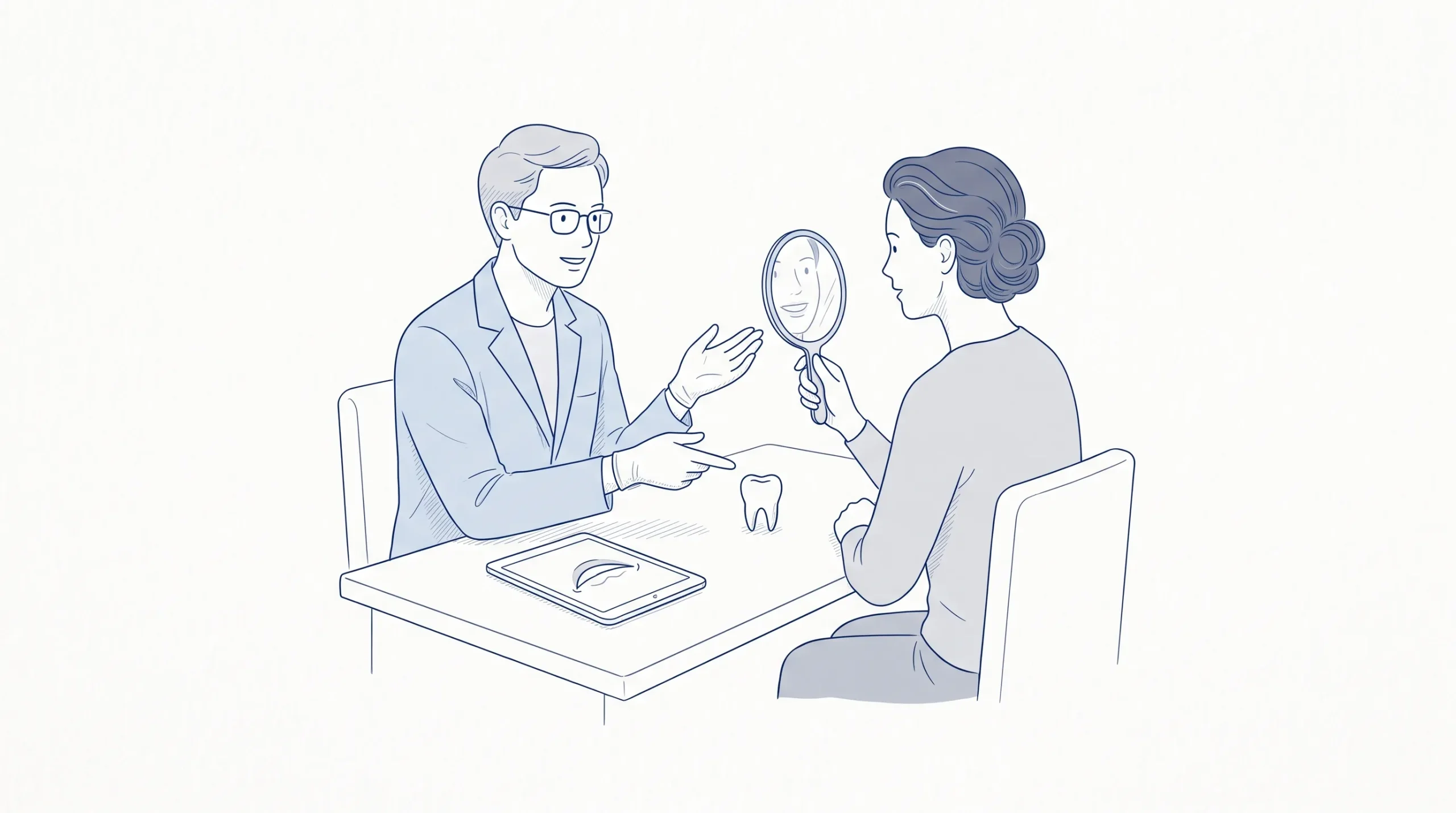 A dental professional in gloves and an adult patient discuss cosmetic dental surgery at a clinic table beside a mirror and a small tooth model.