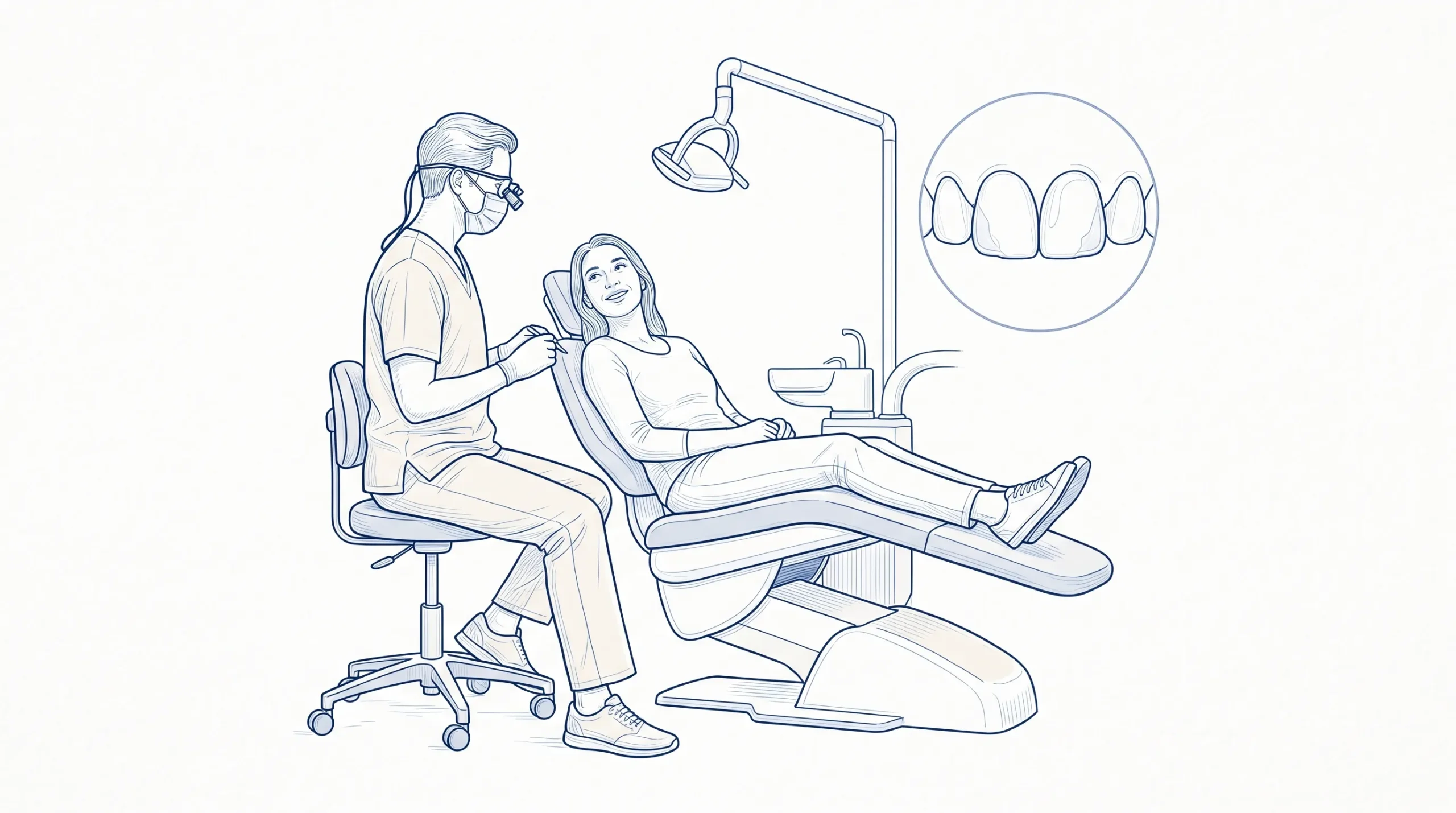 A dental professional in PPE talking with an adult patient beside a chair, with a small inset of front teeth and composite resin contours.