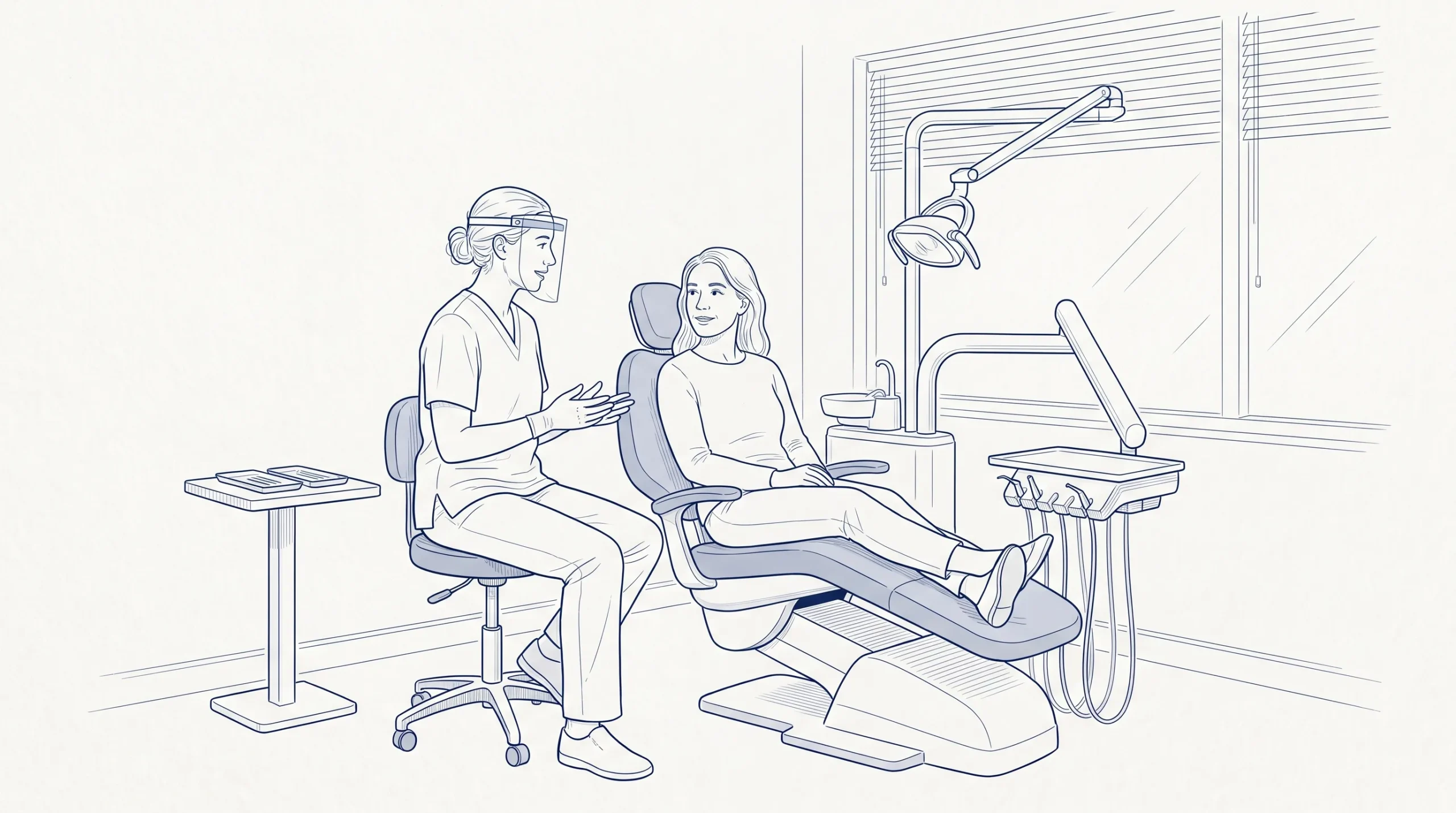 A dental professional speaks calmly with an adult patient seated in a chair at Creative Smiles in Armadale.