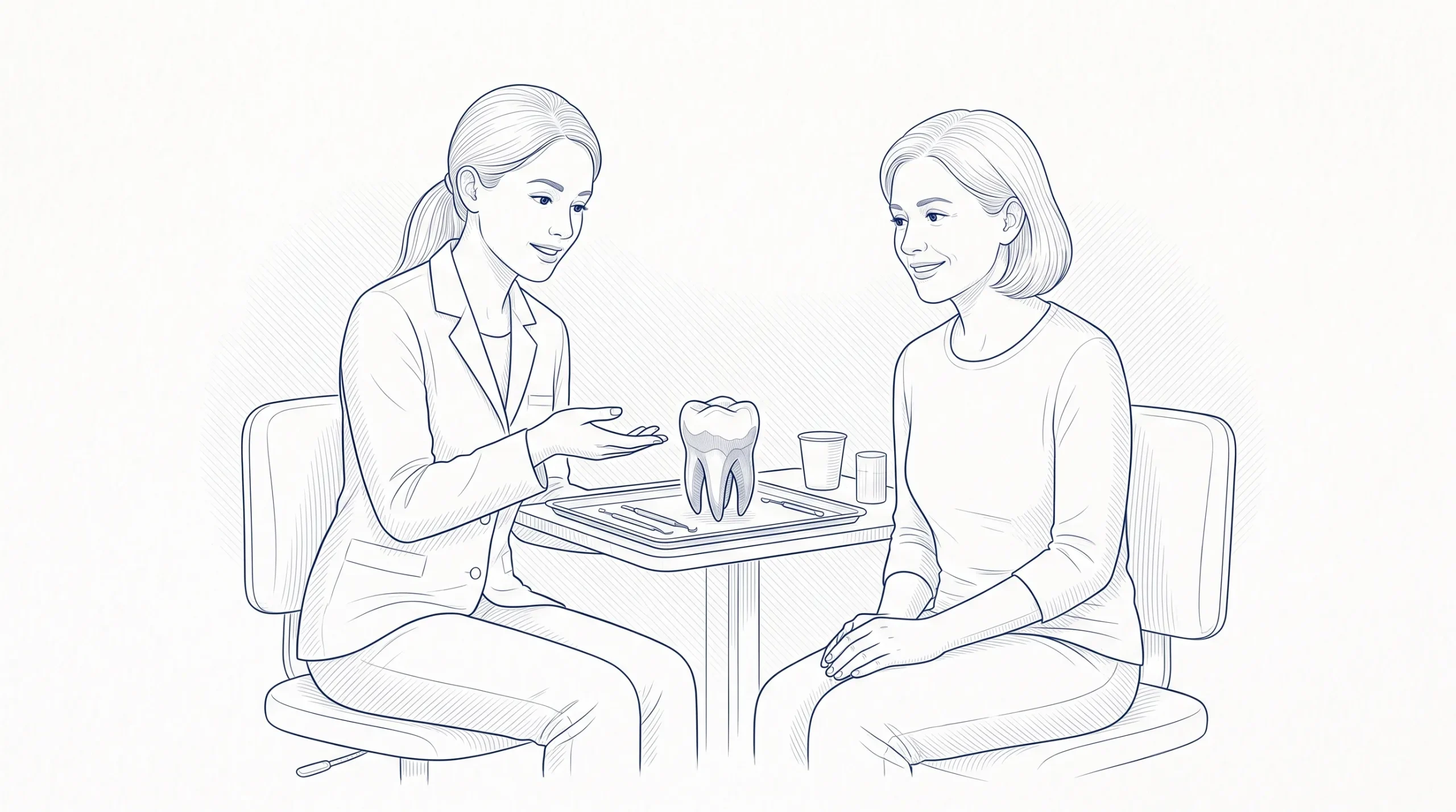 A dental professional talks with an adult patient about cosmetic dental services, with a tooth model on the tray beside them.