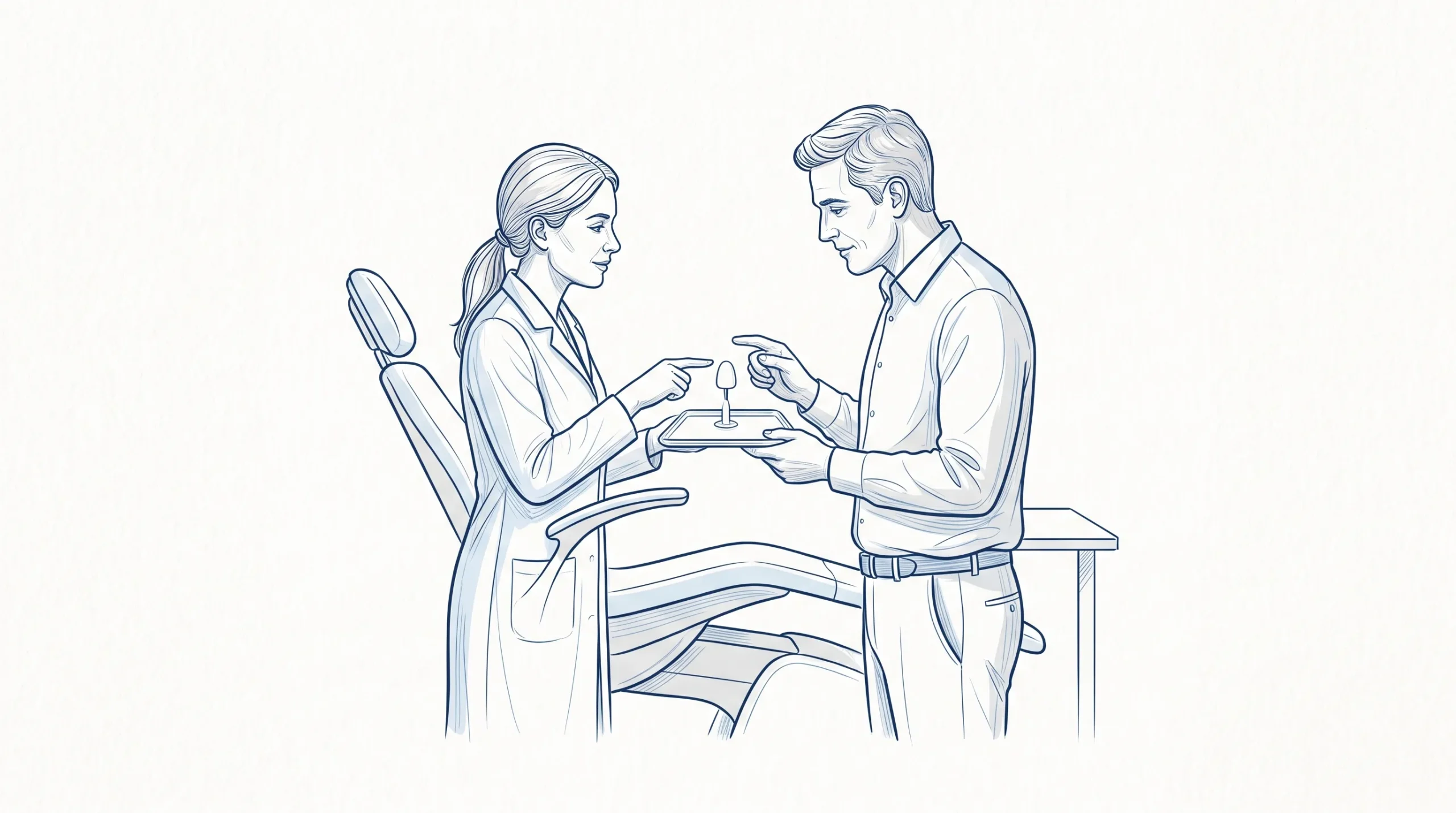 A dentist and adult patient discuss a veneer offer beside a chair, with a small sample on the tray.