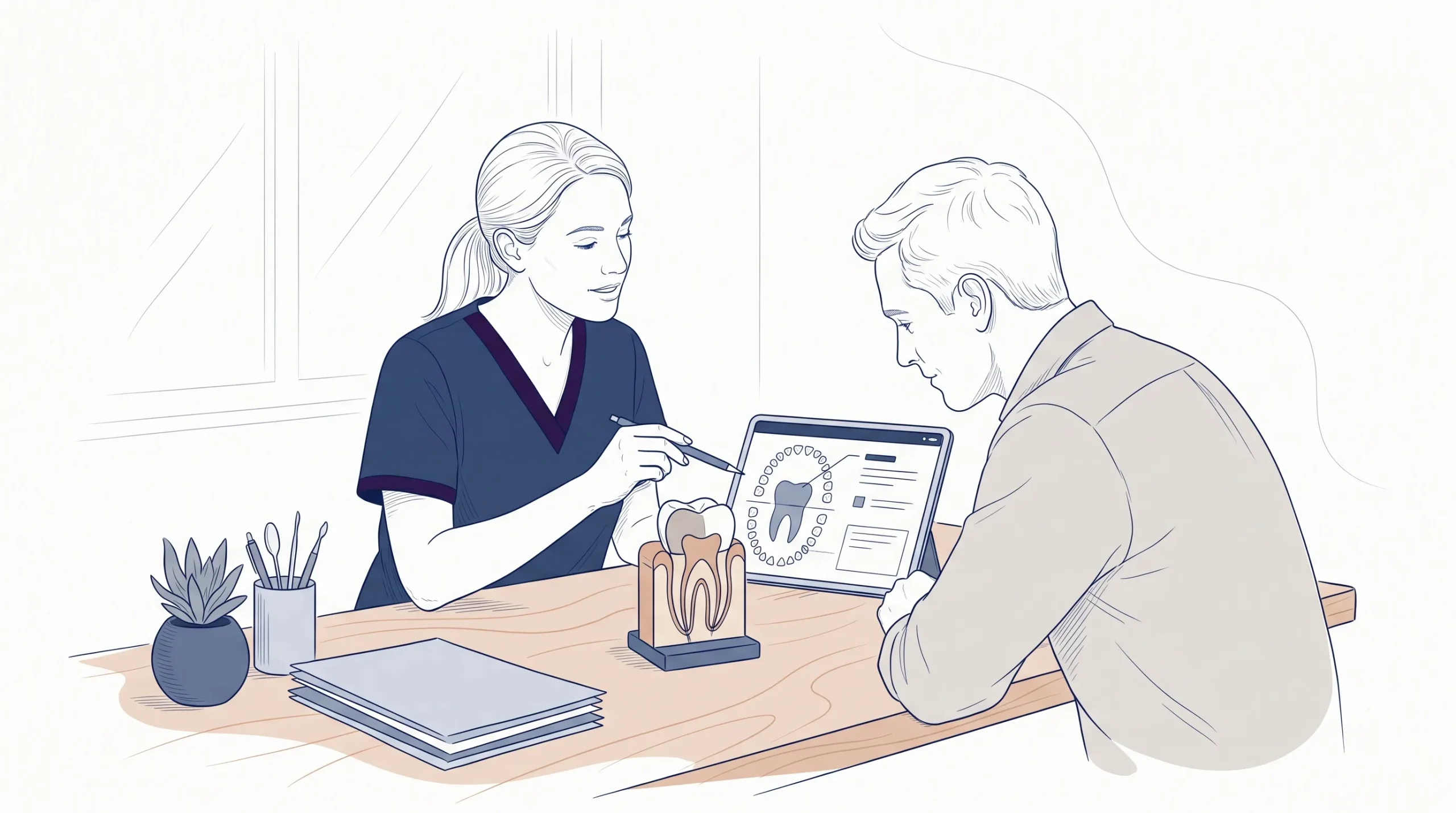 A dentist and adult patient review a treatment plan and tooth model at a consultation desk.
