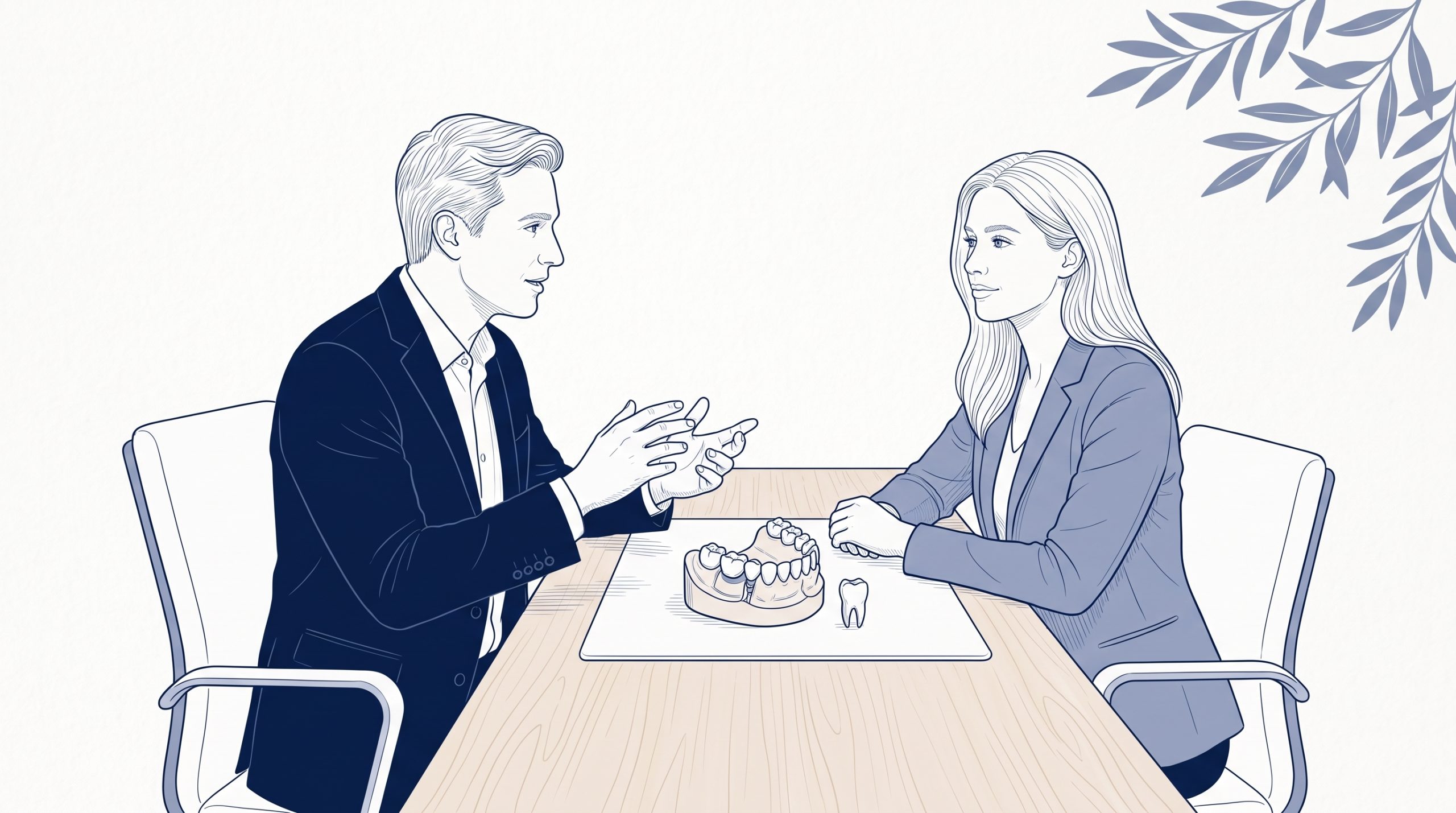 A dentist and patient discuss a small tooth model across a table, with a loose tooth replica beside them and olive leaves in the corner.