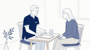 A dentist and patient discuss oral health with a tooth model on the table between them.
