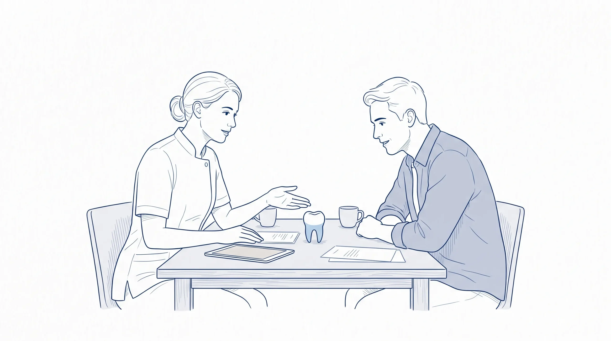 A dentist and patient discuss porcelain veneers and crowns beside a small tooth model on a quiet consultation table.
