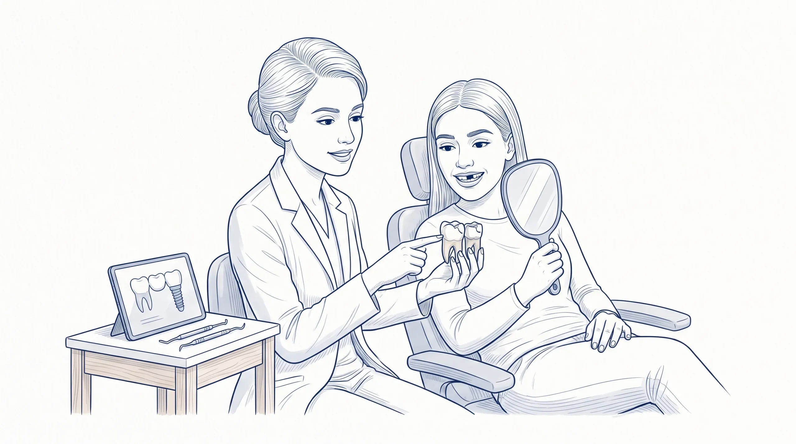 A dentist and patient review a tooth model while discussing options for worn, missing or chipped teeth.