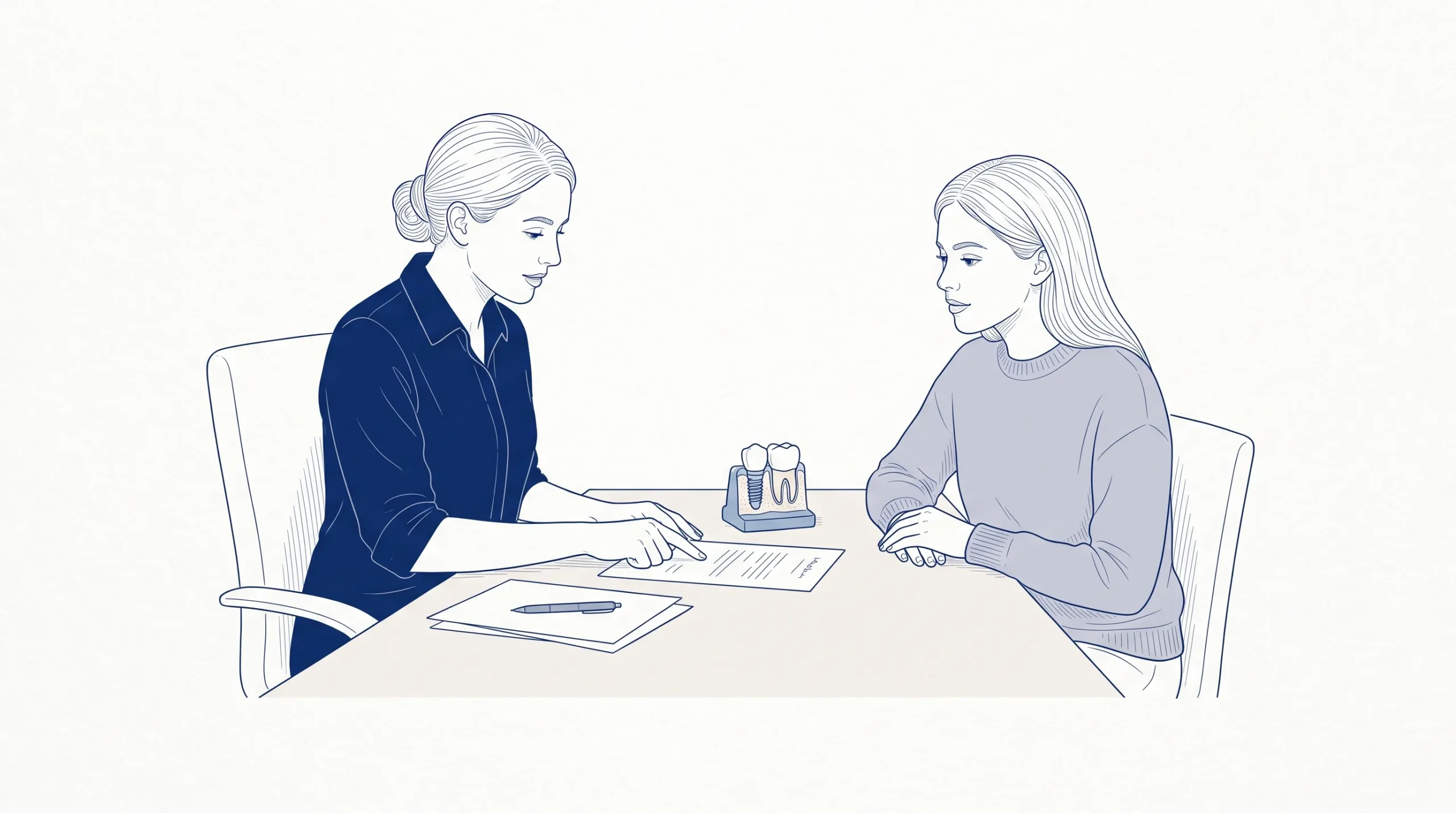 A dentist and patient review an implant quote at a consultation desk with a small crown and implant model nearby.