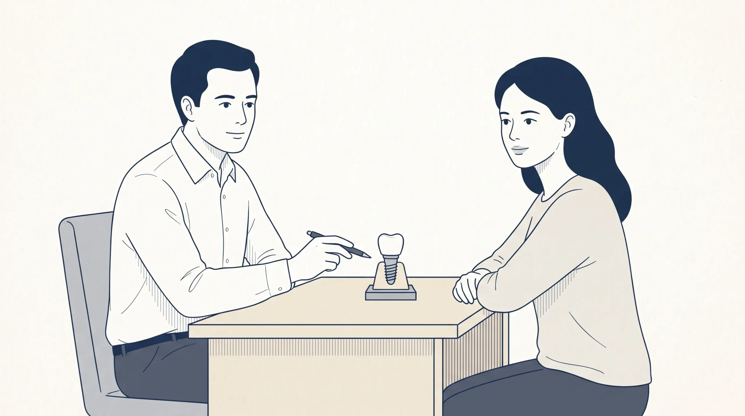 A dentist discusses an implant crown and abutment model with an adult patient in a consultation room.