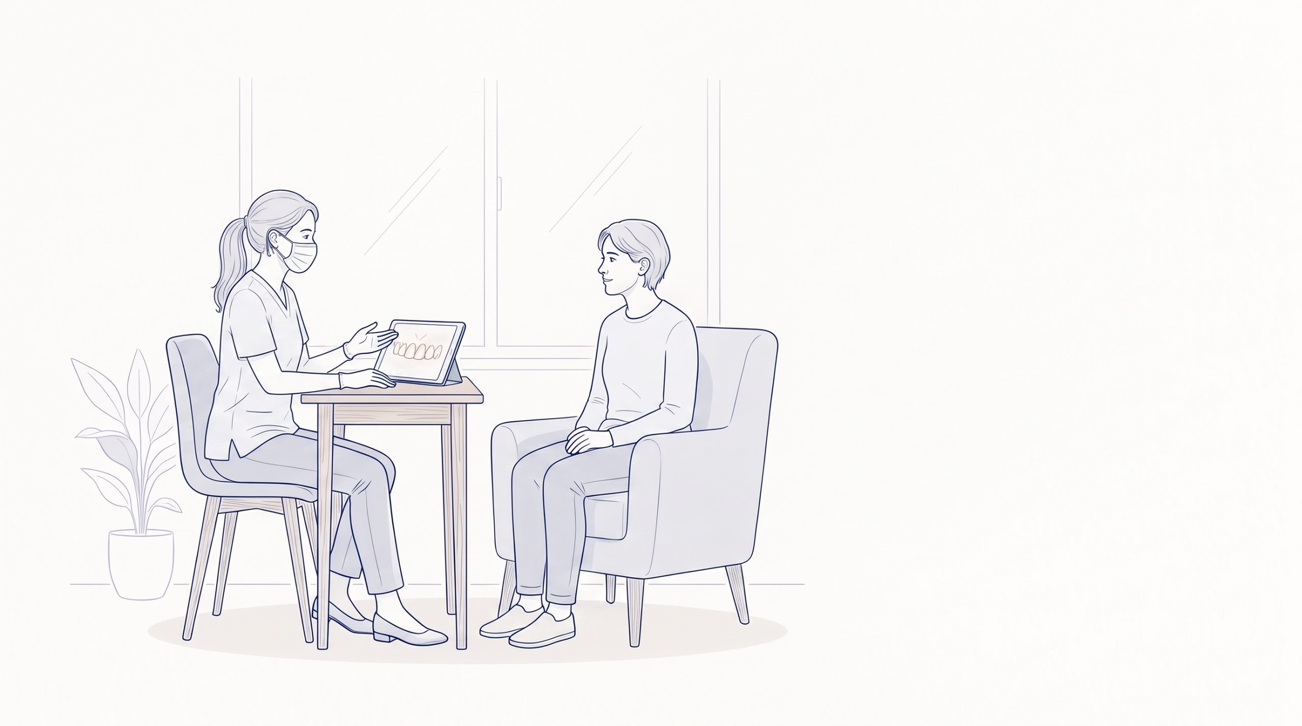 A dentist discusses cosmetic treatment planning with a patient, with a small inset of front teeth and natural gums beside them.