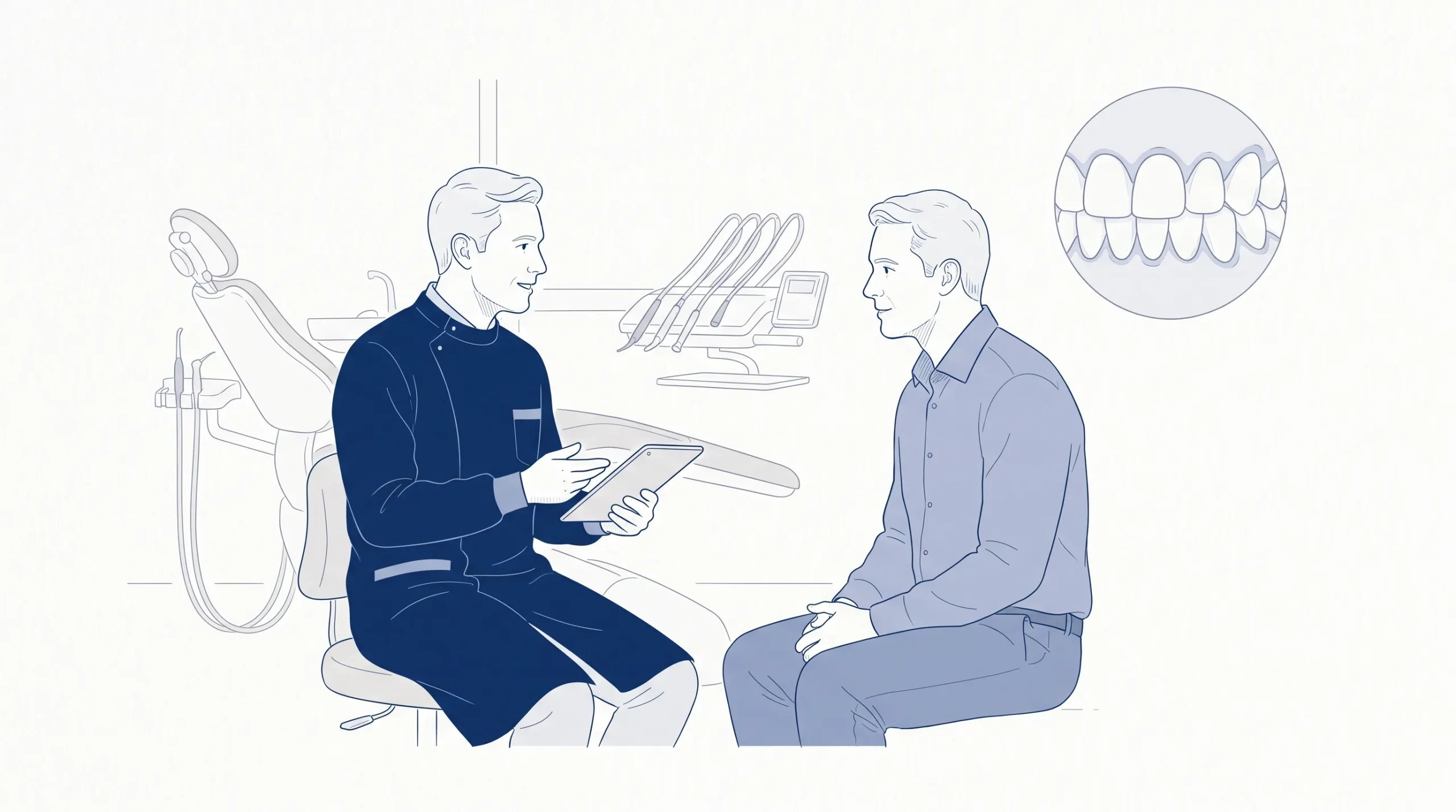 A dentist discussing cosmetic dentistry near me with an adult patient in a clean treatment room, with a small inset showing natural teeth and gums.