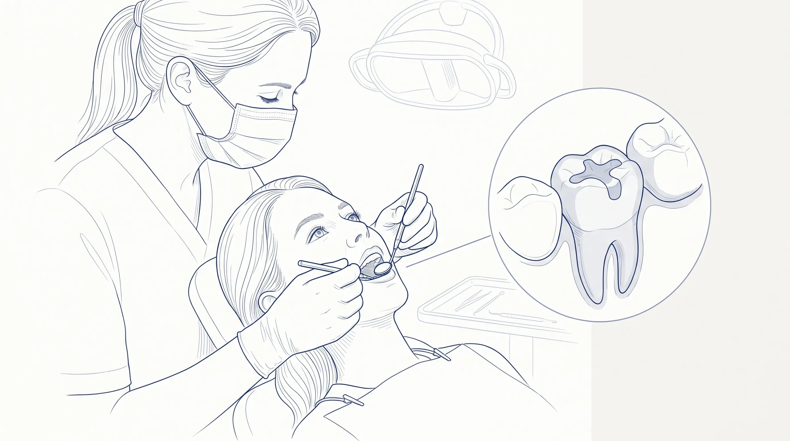A dentist examines an existing filling with a mirror beside a small circular close-up of the molar and gums.