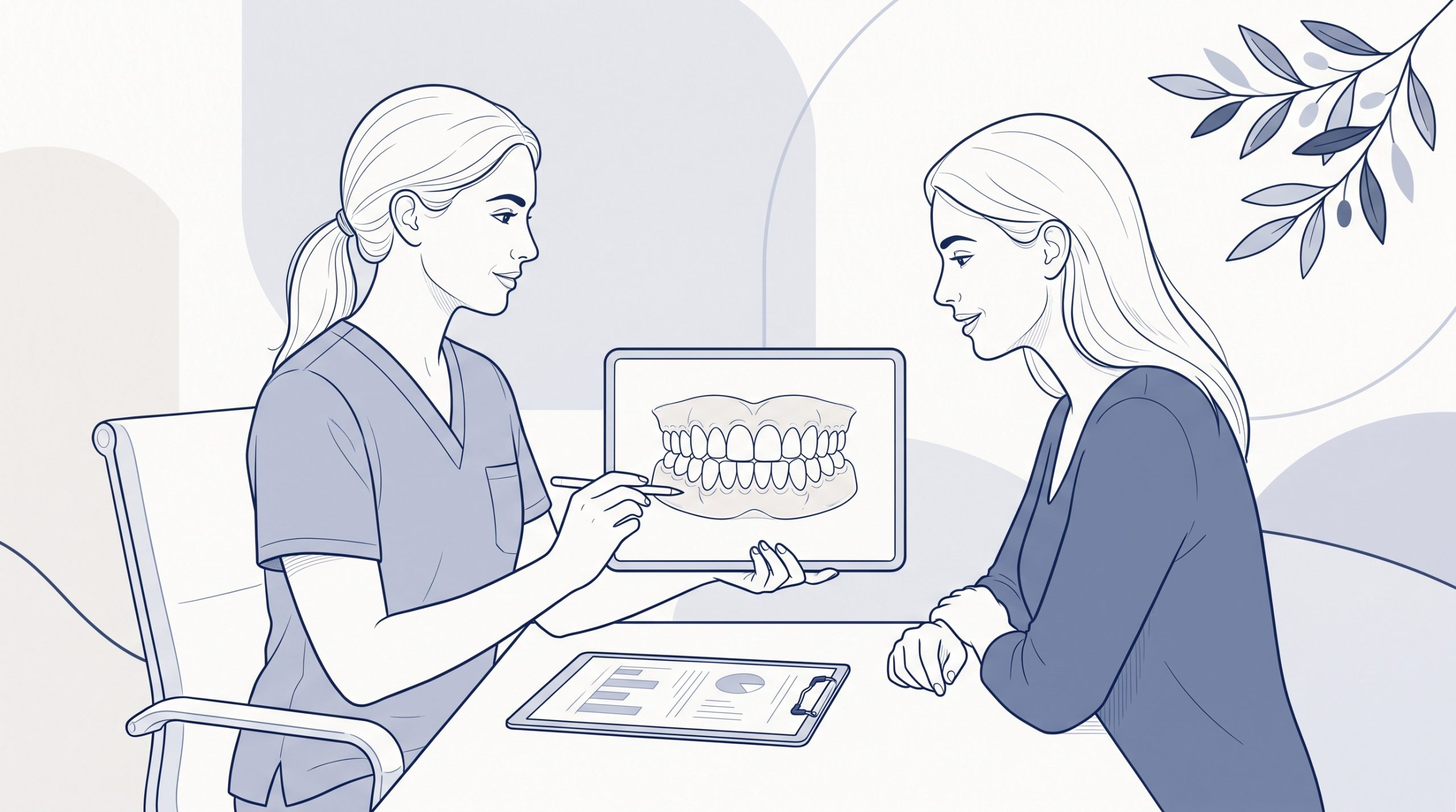 A dentist explains a dental estimate to a patient across a desk, pointing at a tablet with tooth diagrams while another clipboard sits beside them.