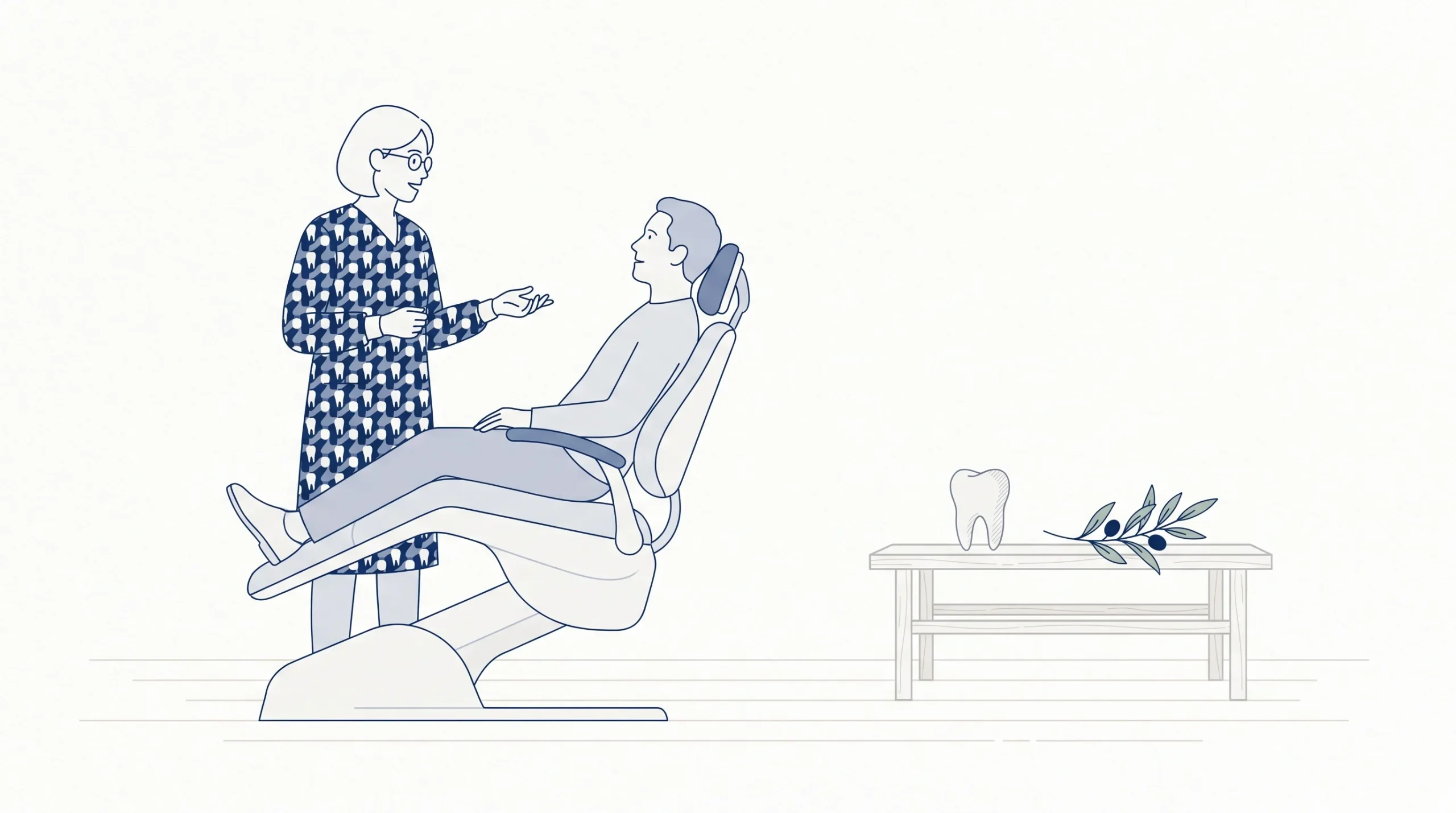 A dentist in clinical attire speaks with an adult patient beside a dental chair, with a simple tooth model on the bench and a small olive branch accent.