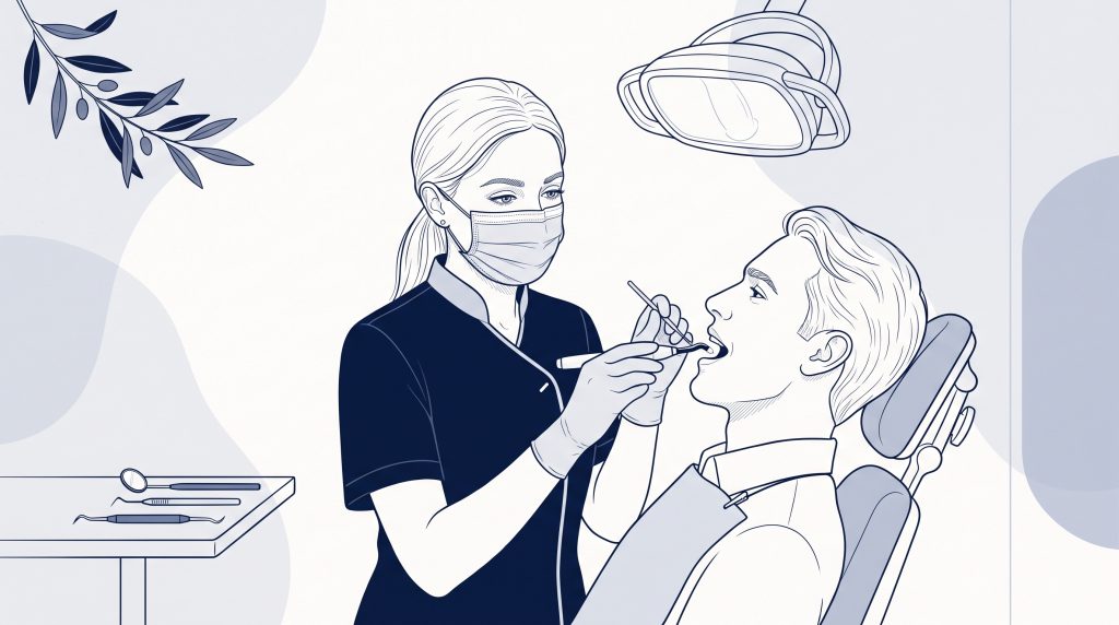 A dentist refines a front tooth with composite bonding during a close dental check.