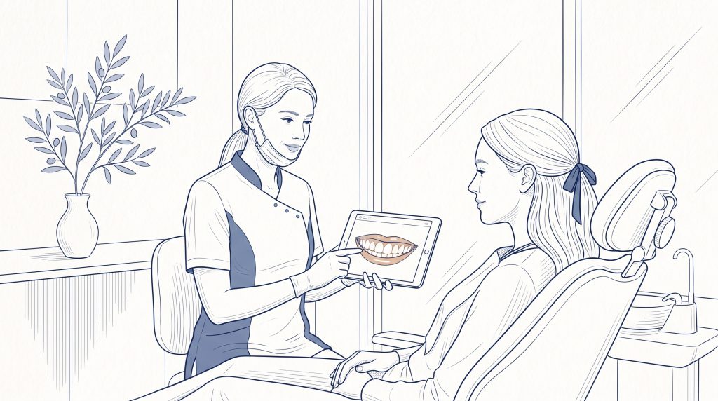A dentist shows a cosmetic dental estimate on a tablet to a seated patient in a calm clinic, with a vase of olive branches nearby.