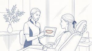A dentist shows a cosmetic dental estimate on a tablet to a seated patient in a calm clinic, with a vase of olive branches nearby.