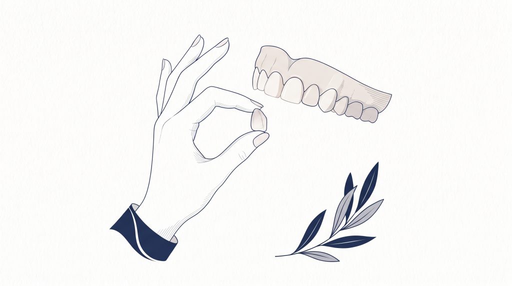 A hand holds a veneer near a row of teeth, with an olive branch accent below.