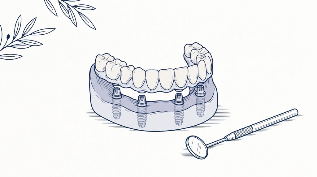 A lower dental bridge held by four implant posts sits beside a dental mirror, with olive leaves in the corner.