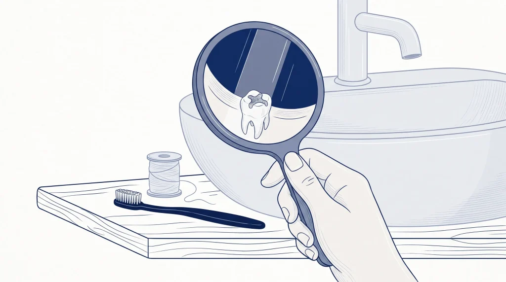 A natural lower molar with an old filling is shown alongside a toothbrush and floss at home.