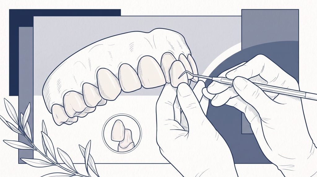 A porcelain veneer shell sits beside a prepared front tooth on a clean clinic surface, showing how veneers and crowns differ in coverage.