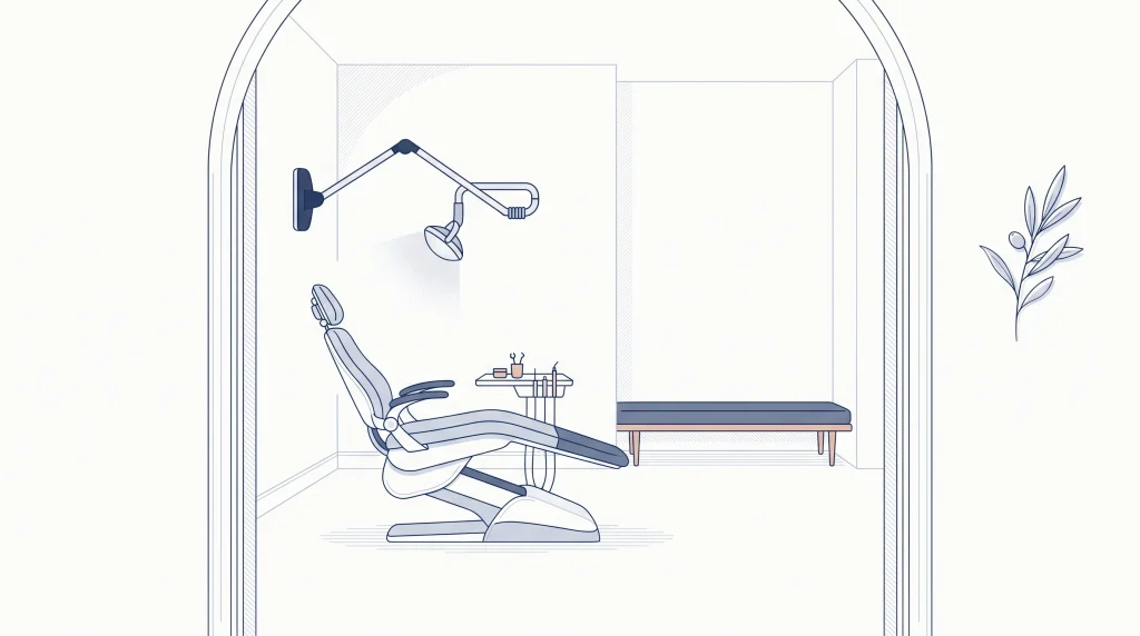 A quiet cosmetic dental consultation room with a chair, tray and bench ready for a quote discussion.