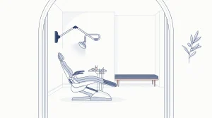 A quiet cosmetic dental consultation room with a chair, tray and bench ready for a quote discussion.