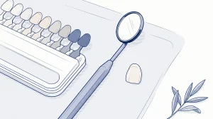 A tooth shade guide, mirror and restoration sample sit neatly on a clinic surface during cosmetic planning.
