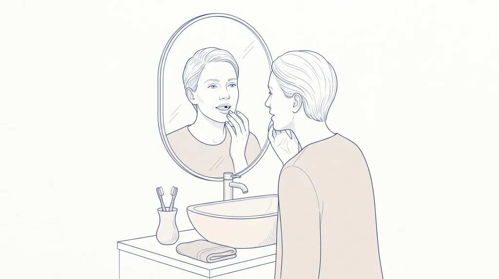 An adult checks a missing tooth gap in the bathroom mirror at home.