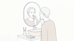 An adult checks a missing tooth gap in the bathroom mirror at home.