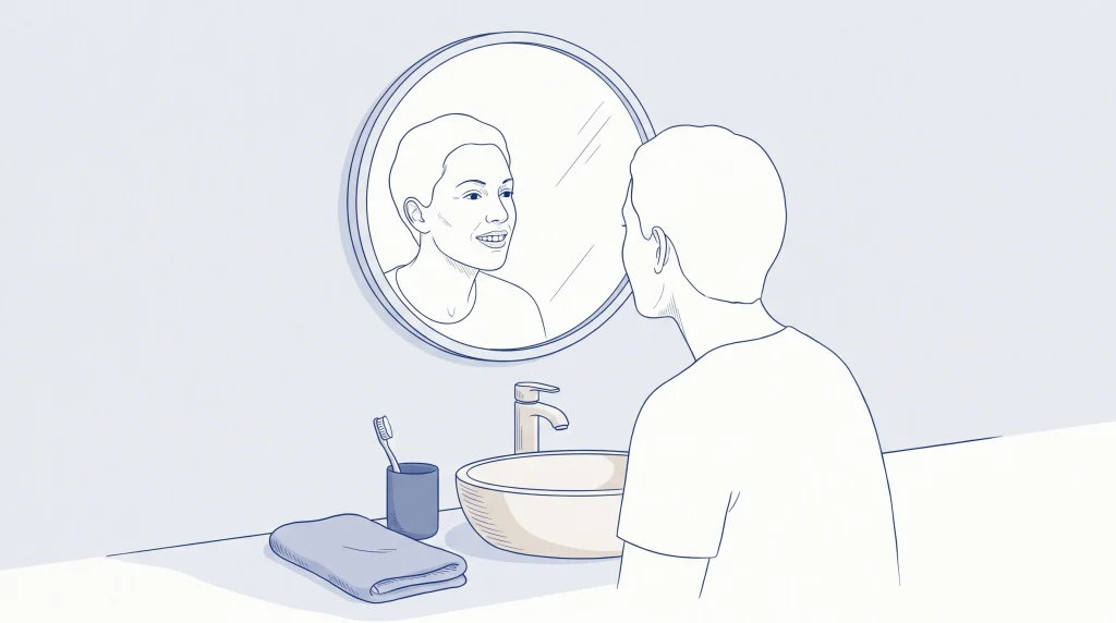 An adult checks how their teeth and smile line look in a bathroom mirror.